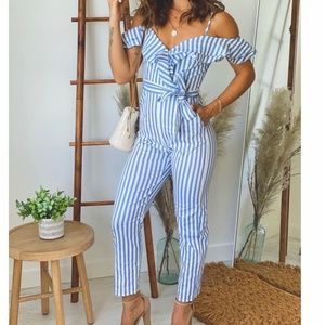 MAIN STRIP Blue and White Striped Ruffled Jumpsuit, Size Large
